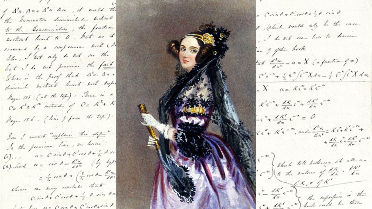 Watercolor portrait of Ada Lovelace over a background image of her calculus writings.