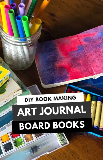 Art supplies and board books with tesxt DIY book making art journal board books