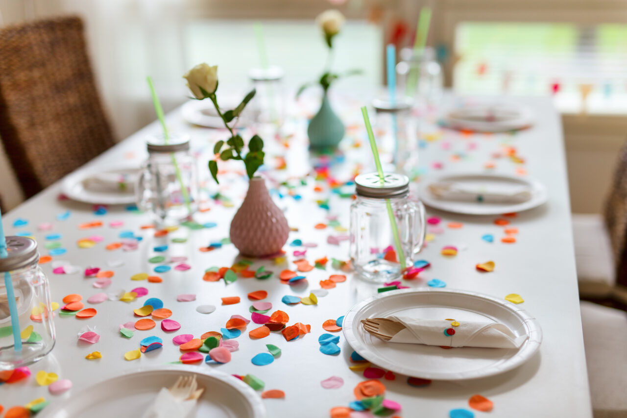 Table beautifully decorated for a colorful birthday party.