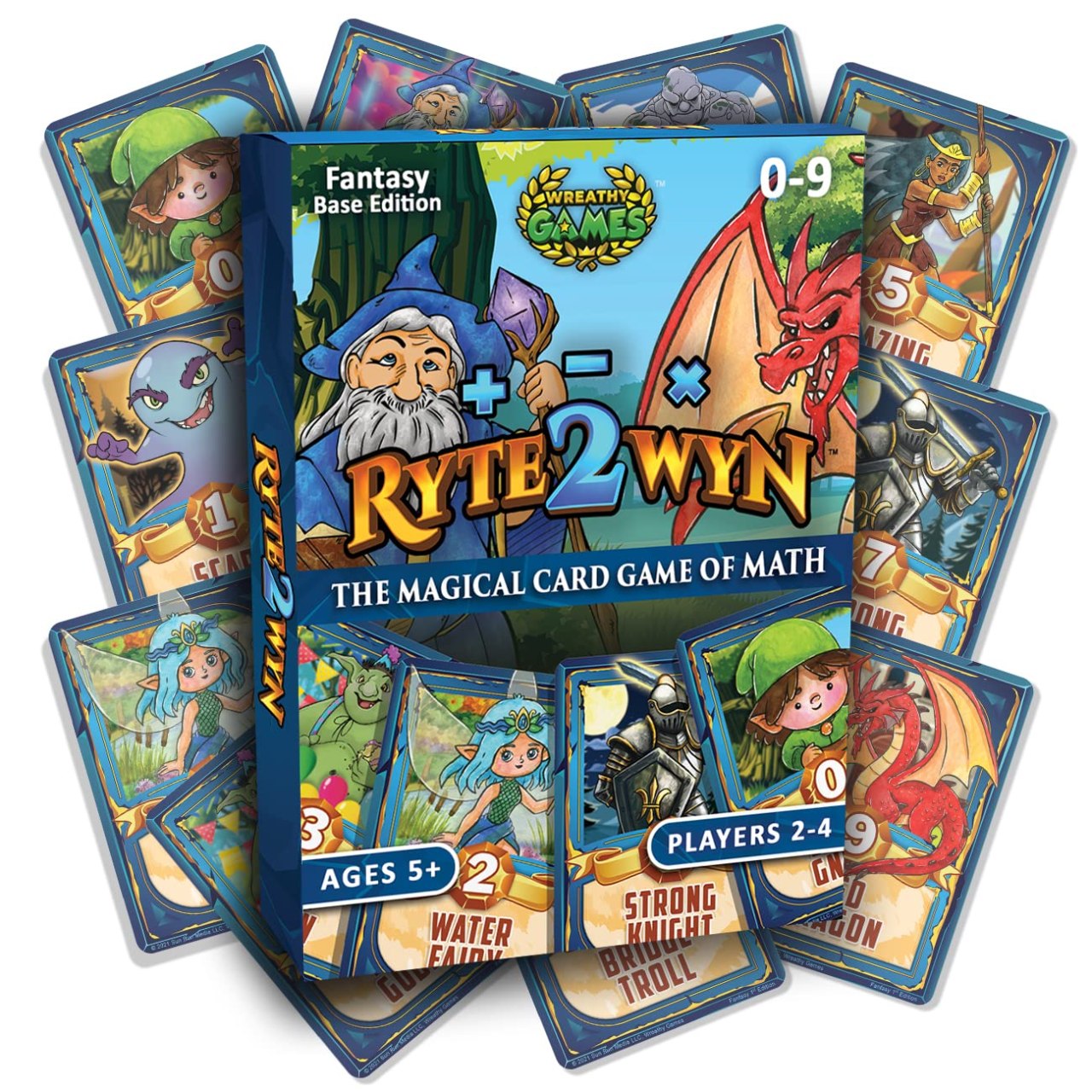 Ryte 2 win Math Card Game cards that are mostly blue with colorful cartoon pictures.