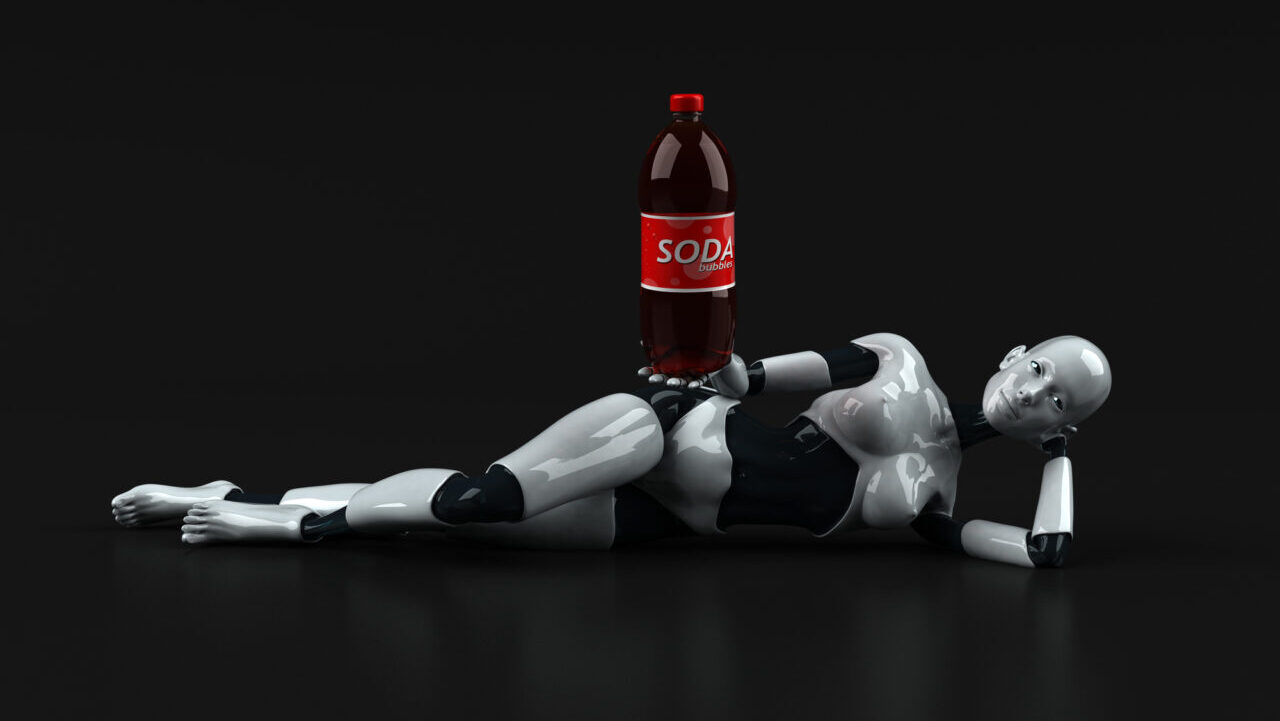 Robot with soda bottle perched in its hip.