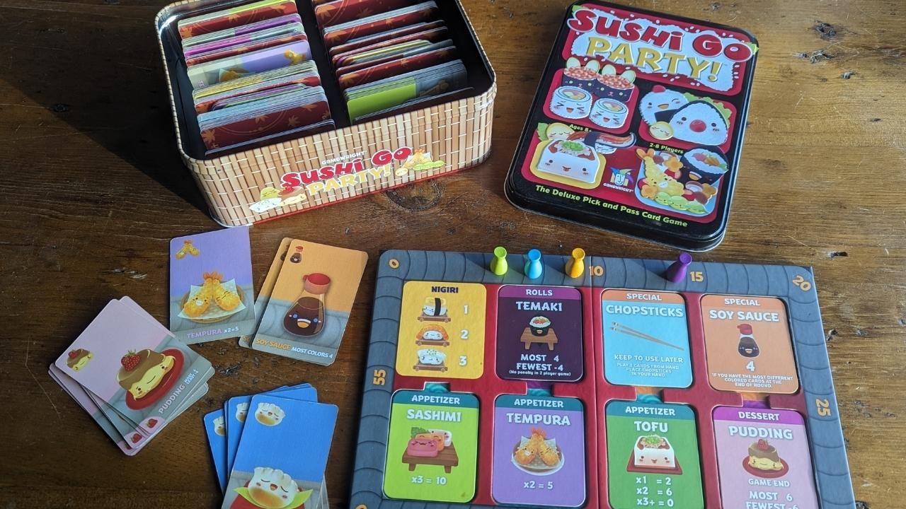 Sushi Go Party board game that is fun for math showing colorful cards with cute pictures of sushi.