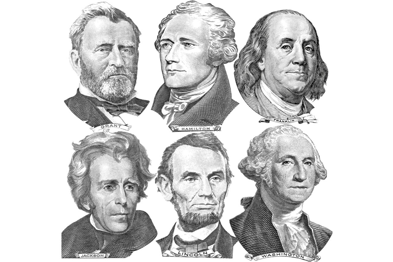 Six presidents shown as engraving images used on dollar bills.